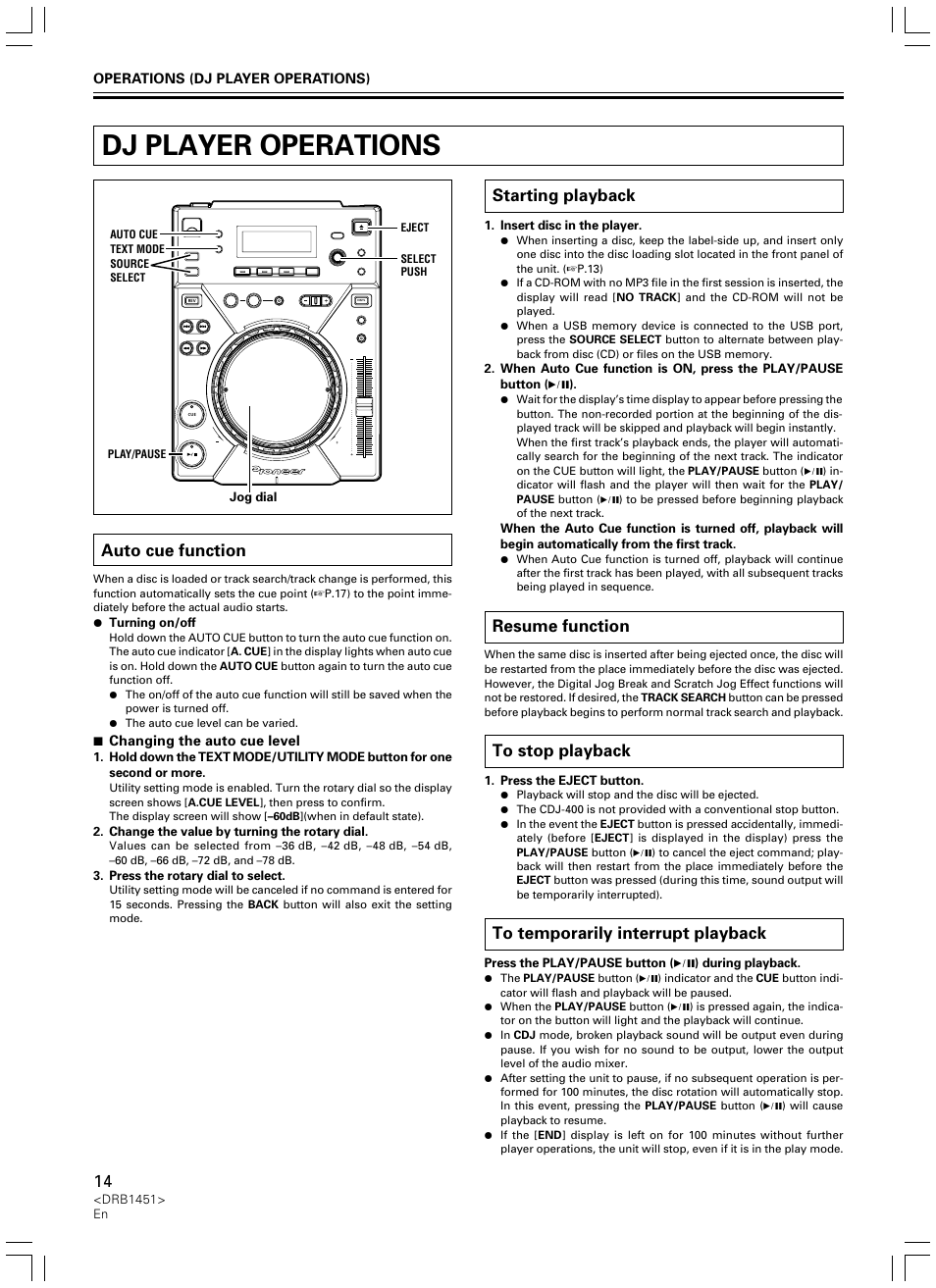 Dj player operations, Auto cue function, Starting playback | Resume function | Pioneer CDJ-400 User Manual | Page 14 / 162