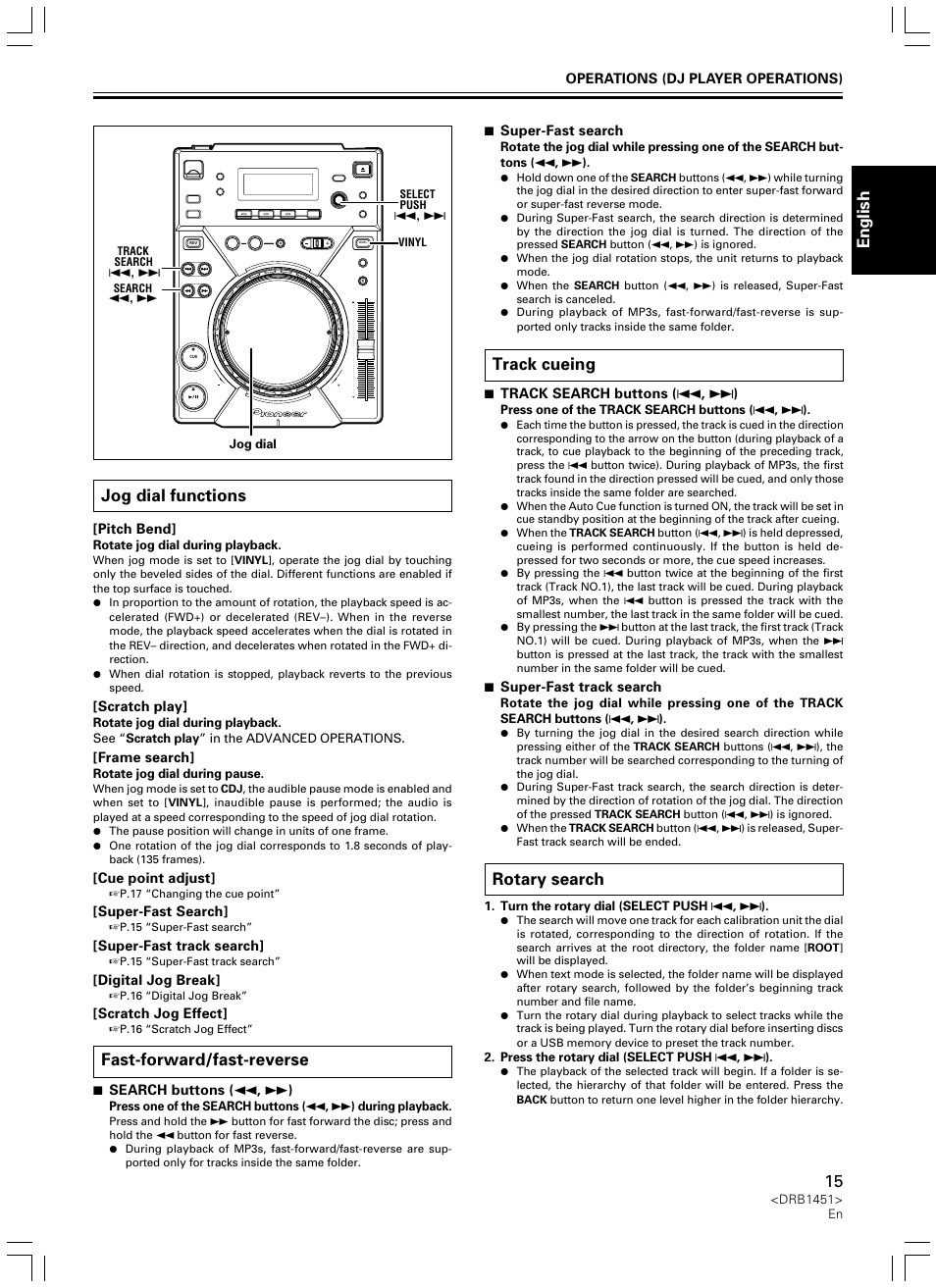 English jog dial functions, Fast-forward/fast-reverse, Track cueing | Rotary search | Pioneer CDJ-400 User Manual | Page 15 / 162