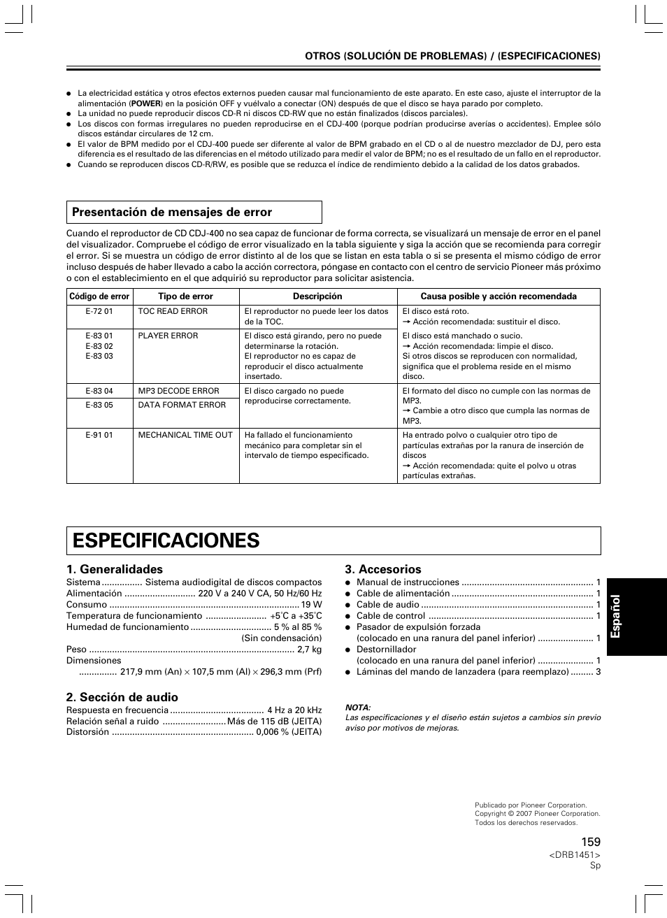 Presentación de mensajes de error, Especificaciones, Espa ñ ol | Generalidades, Sección de audio, Accesorios | Pioneer CDJ-400 User Manual | Page 159 / 162