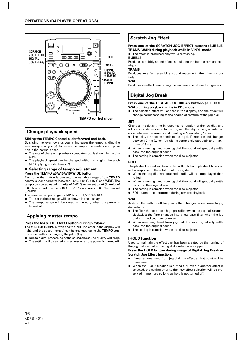 Change playback speed, Applying master tempo, Scratch jog effect | Digital jog break | Pioneer CDJ-400 User Manual | Page 16 / 162