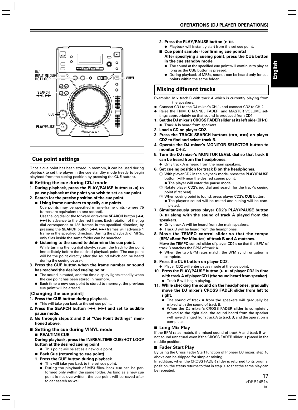 Cue point settings mixing different tracks, English, Cue point settings | Mixing different tracks | Pioneer CDJ-400 User Manual | Page 17 / 162