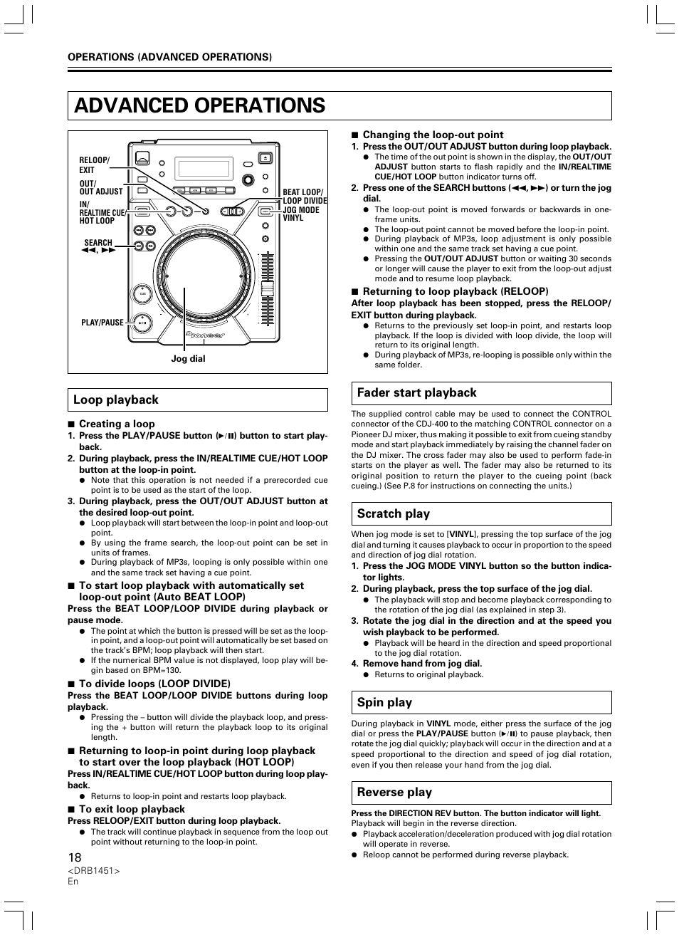 Advanced operations, Loop playback, Fader start playback | Scratch play, Spin play, Reverse play | Pioneer CDJ-400 User Manual | Page 18 / 162