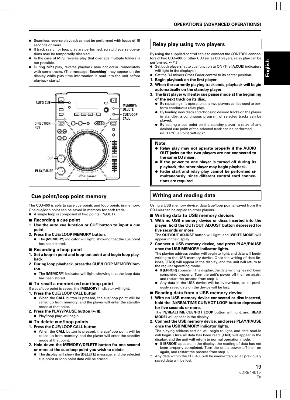 English, Relay play using two players, Writing and reading data | Pioneer CDJ-400 User Manual | Page 19 / 162