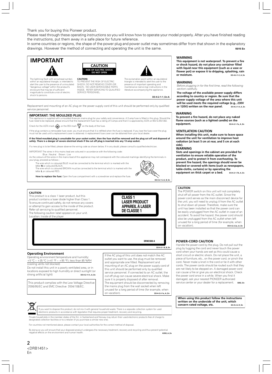Important, Class 1 laser product appareil á laser de classe 1, Drb1451> en | Caution | Pioneer CDJ-400 User Manual | Page 2 / 162
