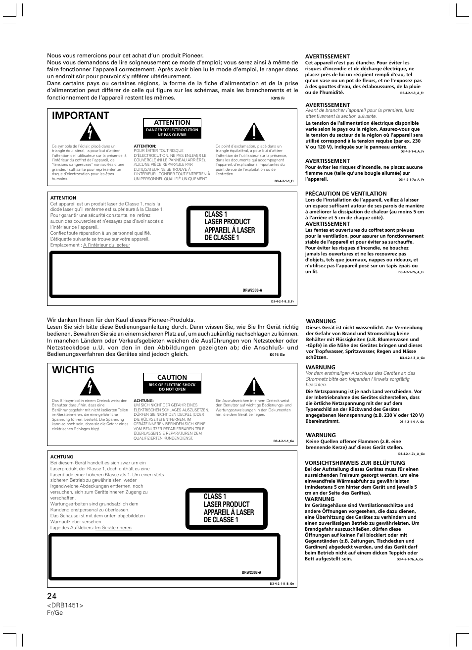 Important, Wichtig, Class 1 laser product appareil á laser de classe 1 | Drb1451> fr/ge, Attention, Caution | Pioneer CDJ-400 User Manual | Page 24 / 162