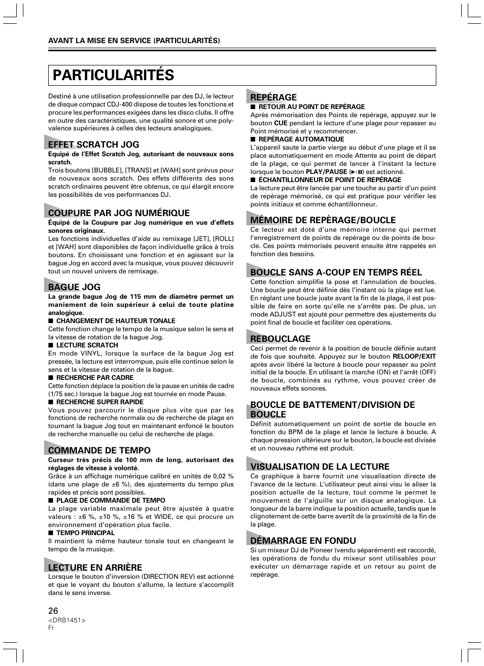 Particularités | Pioneer CDJ-400 User Manual | Page 26 / 162