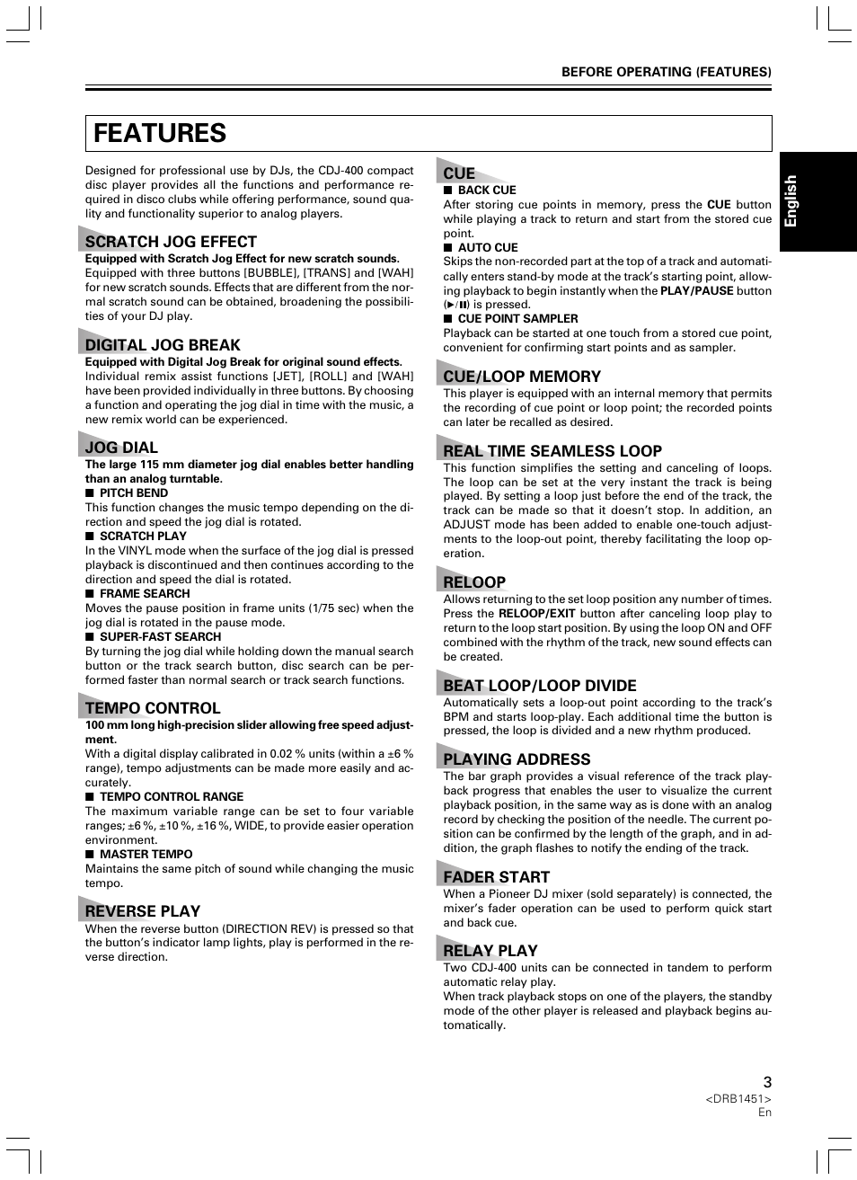 Features | Pioneer CDJ-400 User Manual | Page 3 / 162