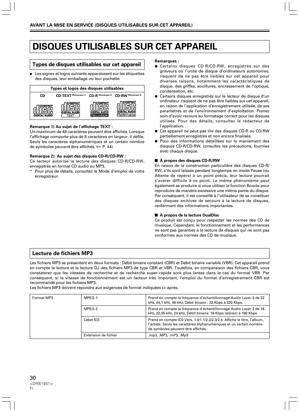 Disques utilisables sur cet appareil, Types de disques utilisables sur cet appareil, Lecture de fichiers mp3 | Pioneer CDJ-400 User Manual | Page 30 / 162