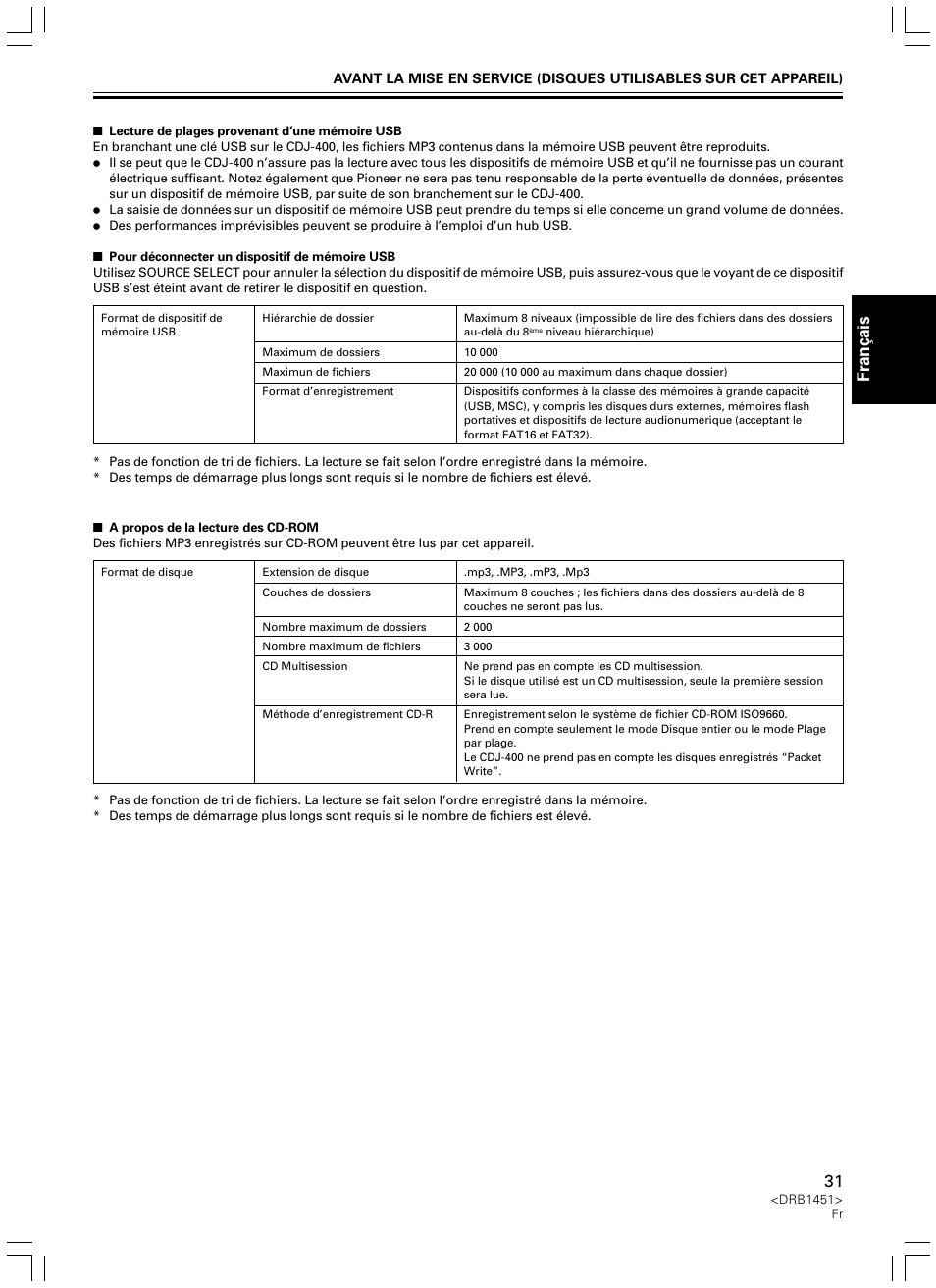 Fran ç ais | Pioneer CDJ-400 User Manual | Page 31 / 162