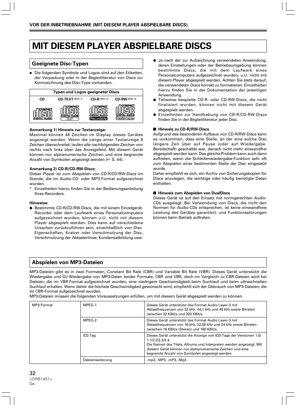 Mit diesem player abspielbare discs, Geeignete disc-typen, Abspielen von mp3-dateien | Pioneer CDJ-400 User Manual | Page 32 / 162