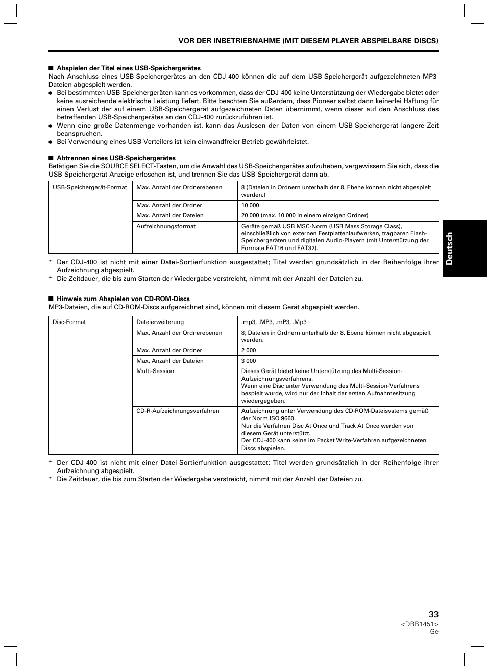 Deutsch | Pioneer CDJ-400 User Manual | Page 33 / 162
