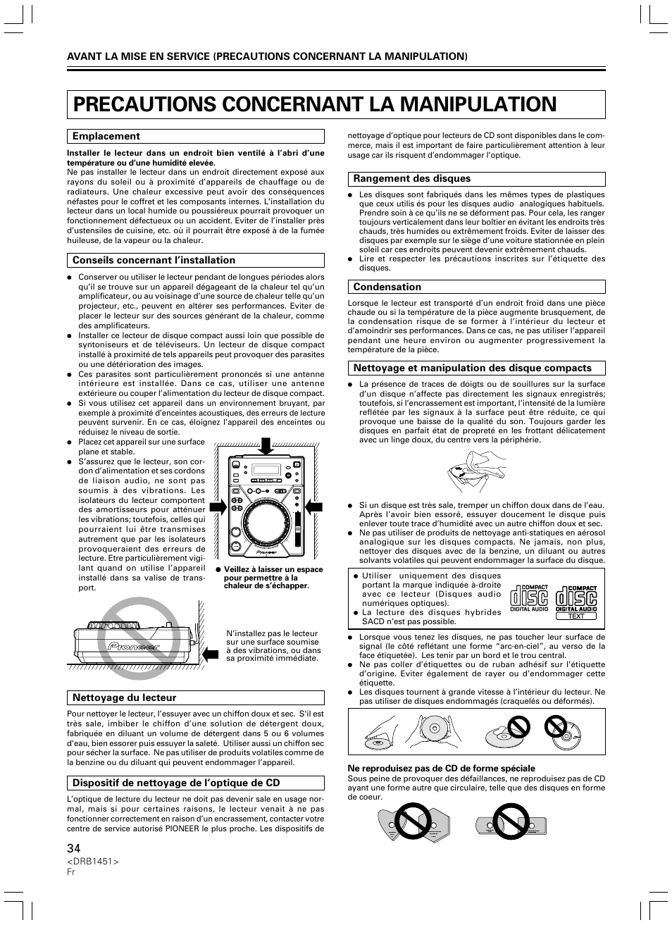 Precautions concernant la manipulation | Pioneer CDJ-400 User Manual | Page 34 / 162