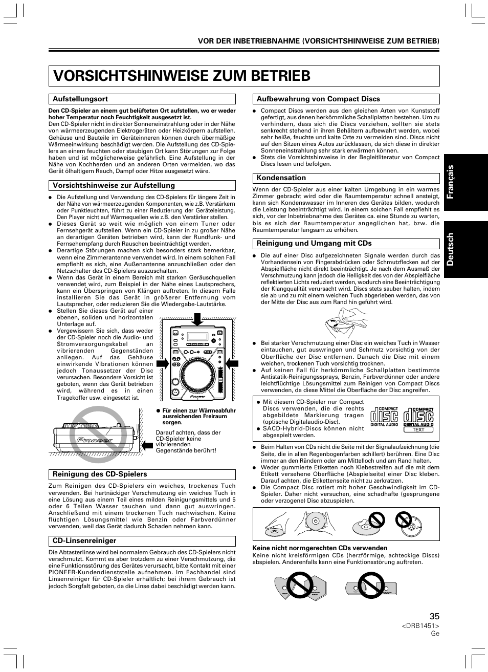 Vorsichtshinweise zum betrieb, Fran ç ais deutsch | Pioneer CDJ-400 User Manual | Page 35 / 162