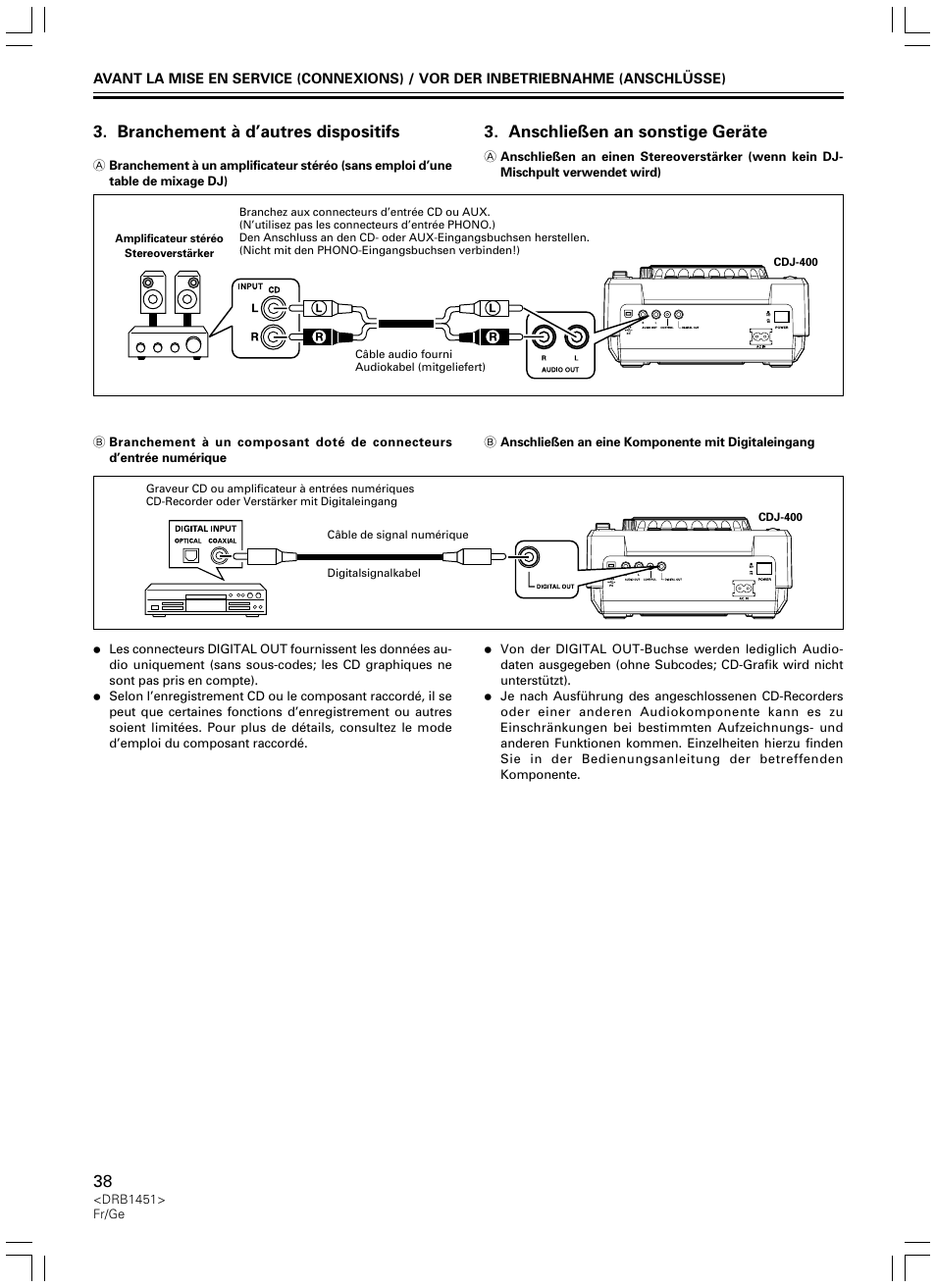 Branchement à d’autres dispositifs, Anschließen an sonstige geräte | Pioneer CDJ-400 User Manual | Page 38 / 162