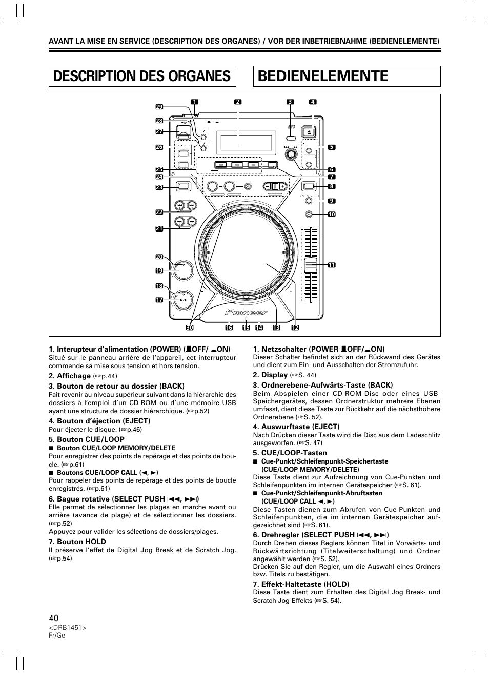 Description des organes, Bedienelemente, Interupteur d’alimentation (power) ( — off/ _ on) | Affichage, Bouton de retour au dossier (back), Bouton d’éjection (eject), Bouton cue/loop, Bague rotative (select push 4 , ¢ ), Bouton hold, Netzschalter (power — off/ _ on) | Pioneer CDJ-400 User Manual | Page 40 / 162