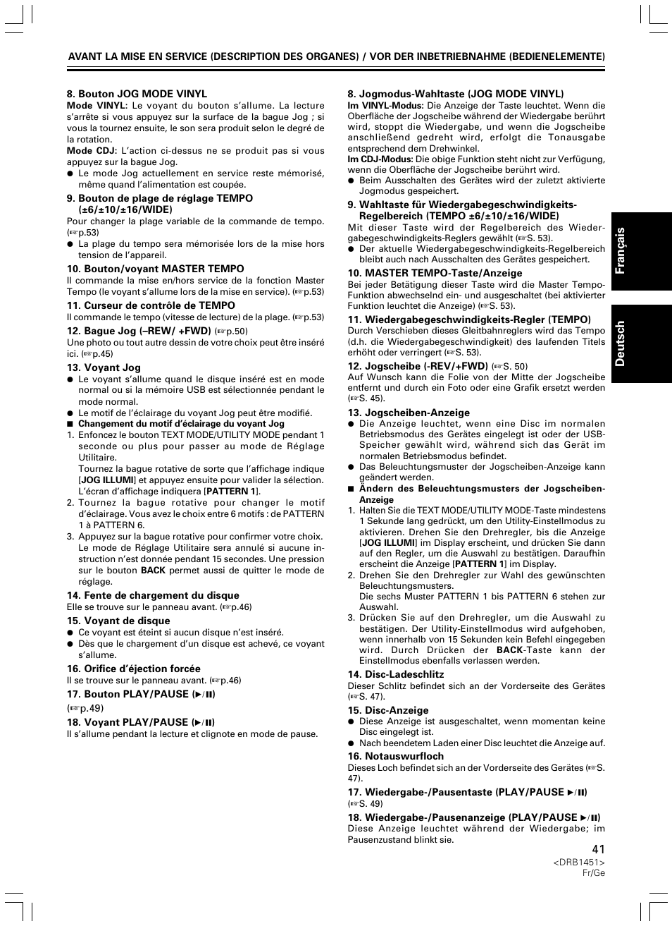 Fran ç ais deutsch | Pioneer CDJ-400 User Manual | Page 41 / 162