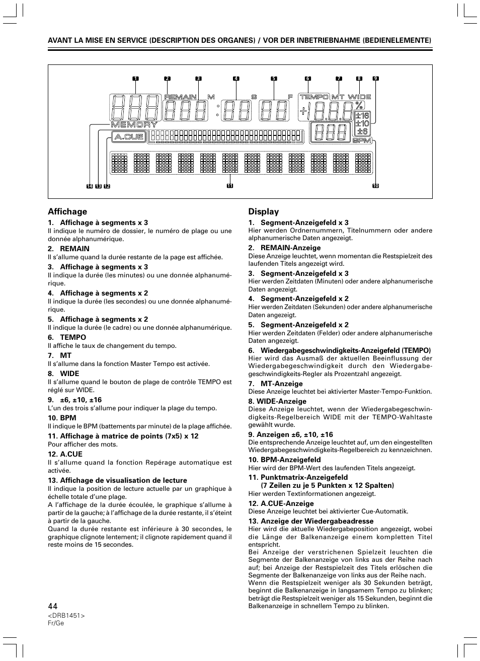Affichage, Display | Pioneer CDJ-400 User Manual | Page 44 / 162