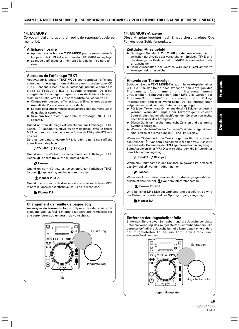 Fran ç ais deutsch | Pioneer CDJ-400 User Manual | Page 45 / 162