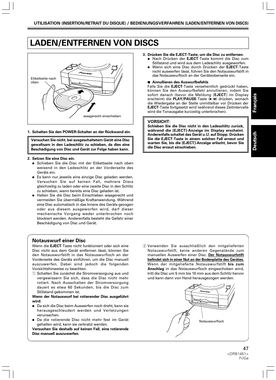 Laden/entfernen von discs | Pioneer CDJ-400 User Manual | Page 47 / 162