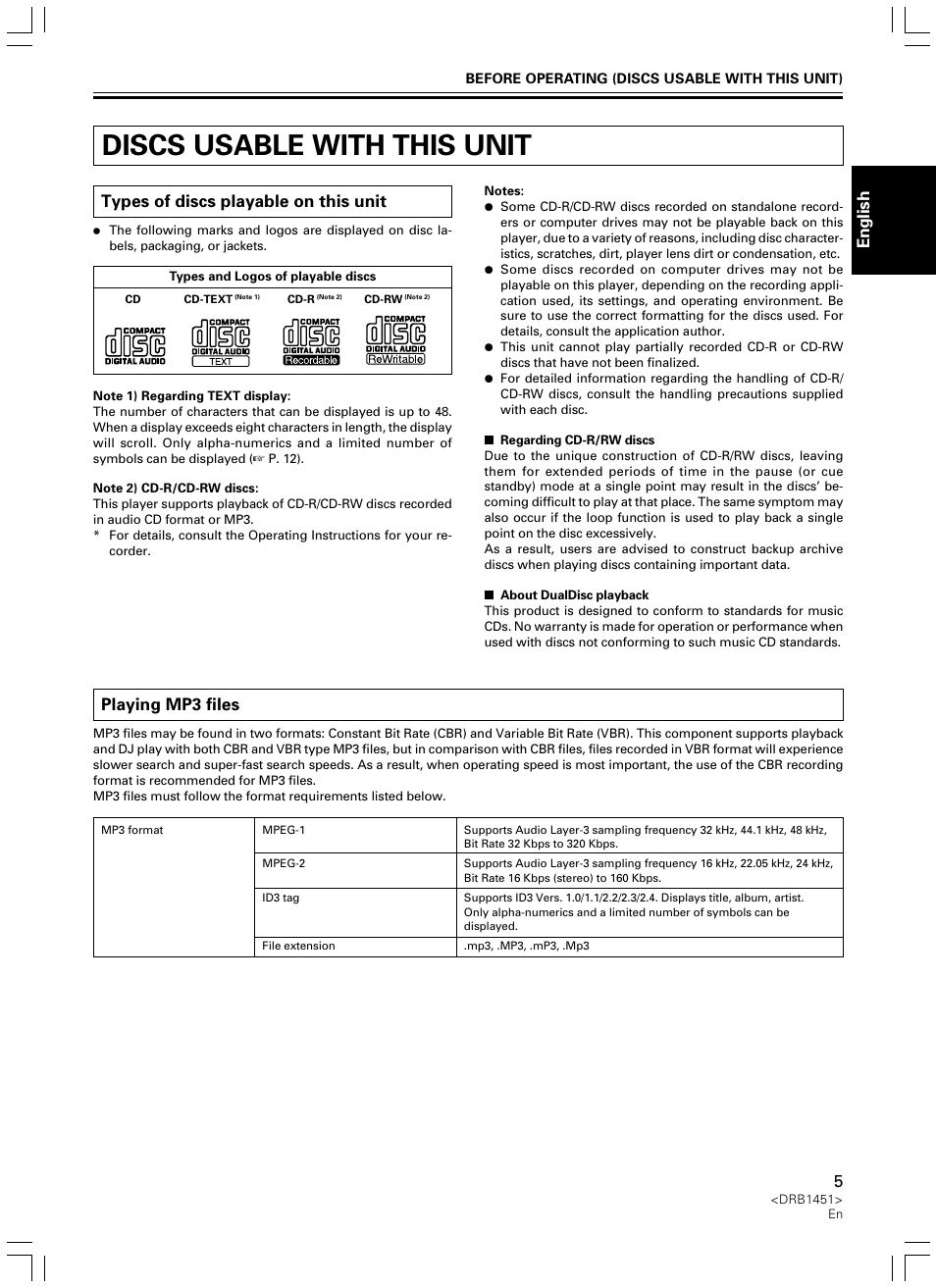 Discs usable with this unit, English, Types of discs playable on this unit | Playing mp3 files | Pioneer CDJ-400 User Manual | Page 5 / 162