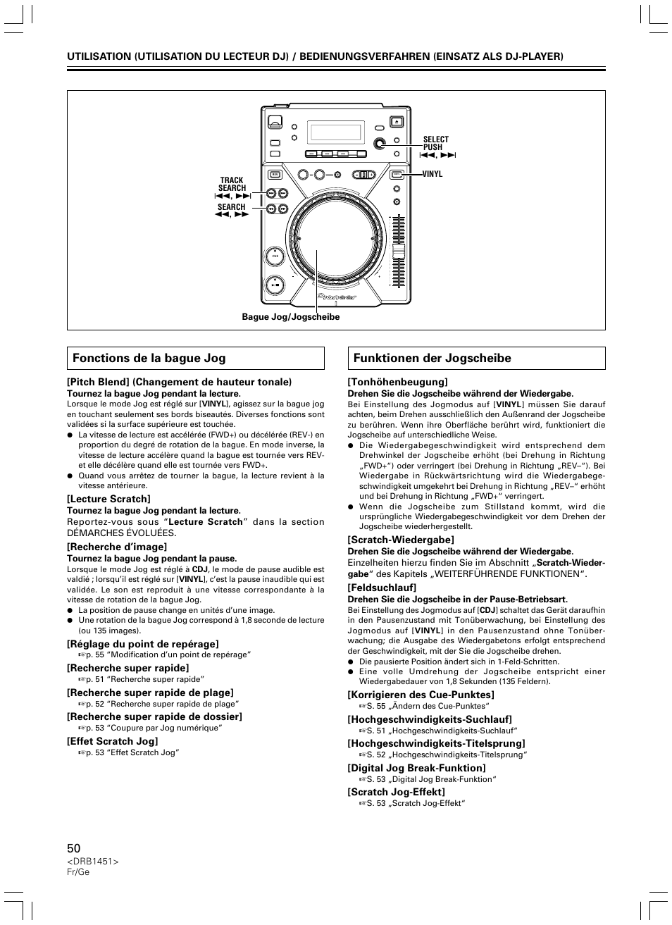 Fonctions de la bague jog, Funktionen der jogscheibe | Pioneer CDJ-400 User Manual | Page 50 / 162
