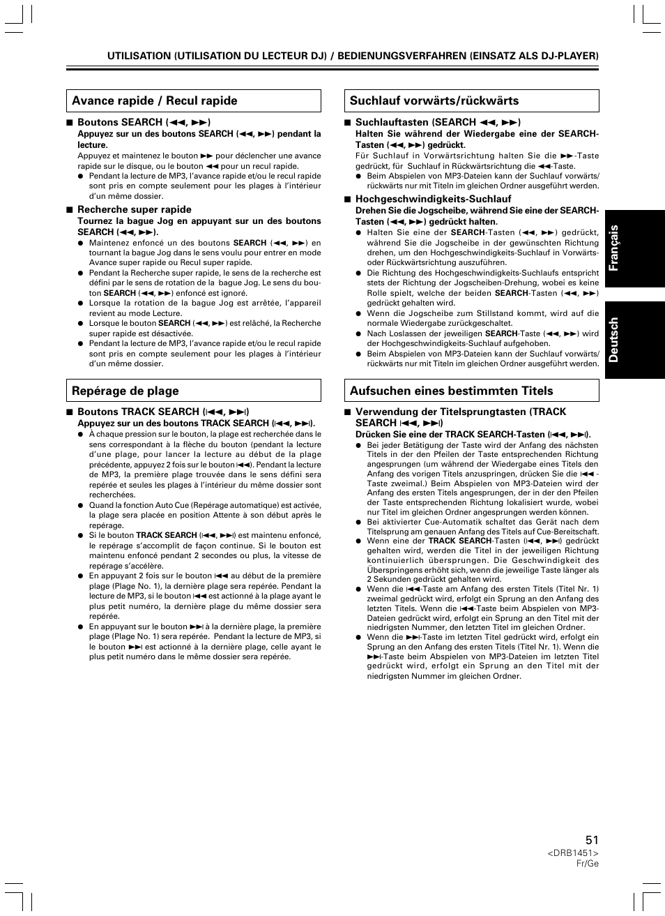 Avance rapide / recul rapide repérage de plage, Repérage de plage, Avance rapide / recul rapide | Suchlauf vorwärts/rückwärts | Pioneer CDJ-400 User Manual | Page 51 / 162