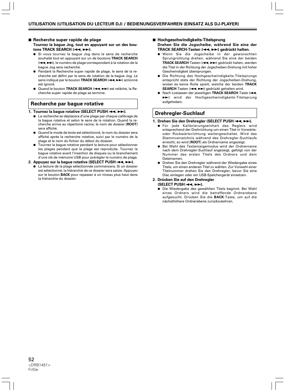 Recherche par bague rotative, Drehregler-suchlauf | Pioneer CDJ-400 User Manual | Page 52 / 162