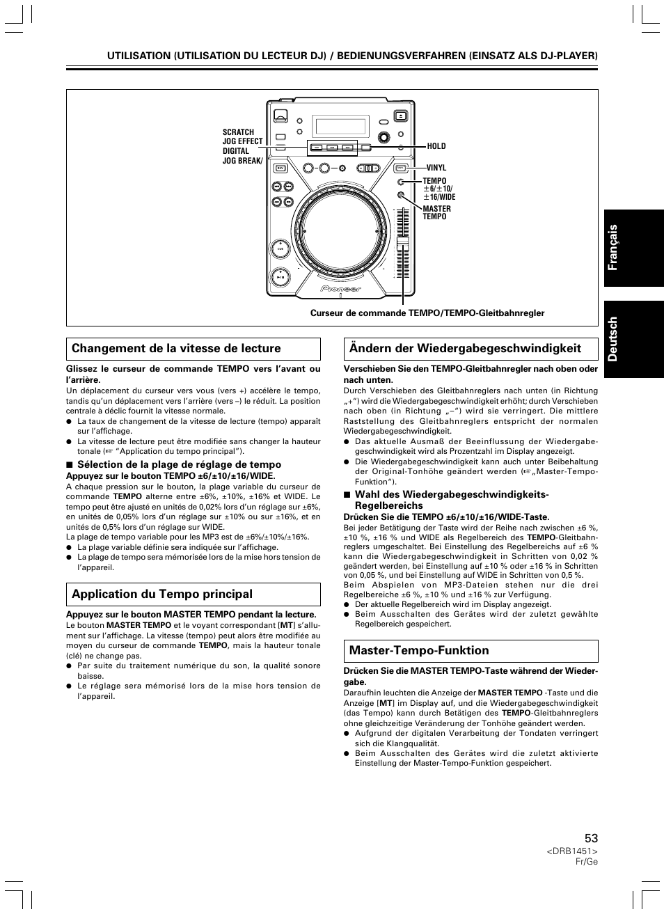 Fran ç ais deutsch, Changement de la vitesse de lecture, Application du tempo principal | Ändern der wiedergabegeschwindigkeit, Master-tempo-funktion | Pioneer CDJ-400 User Manual | Page 53 / 162