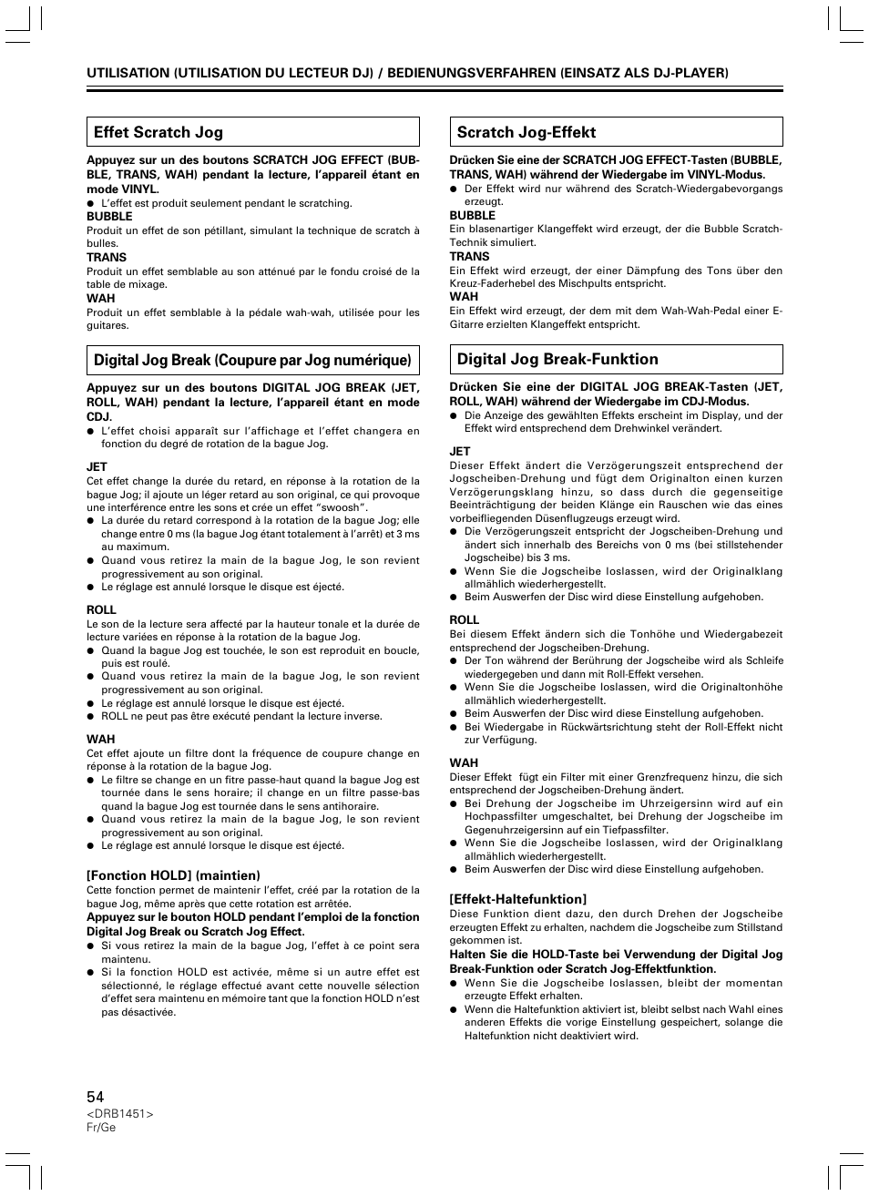 Scratch jog-effekt digital jog break-funktion, Effet scratch jog, Digital jog break (coupure par jog numérique) | Scratch jog-effekt, Digital jog break-funktion | Pioneer CDJ-400 User Manual | Page 54 / 162