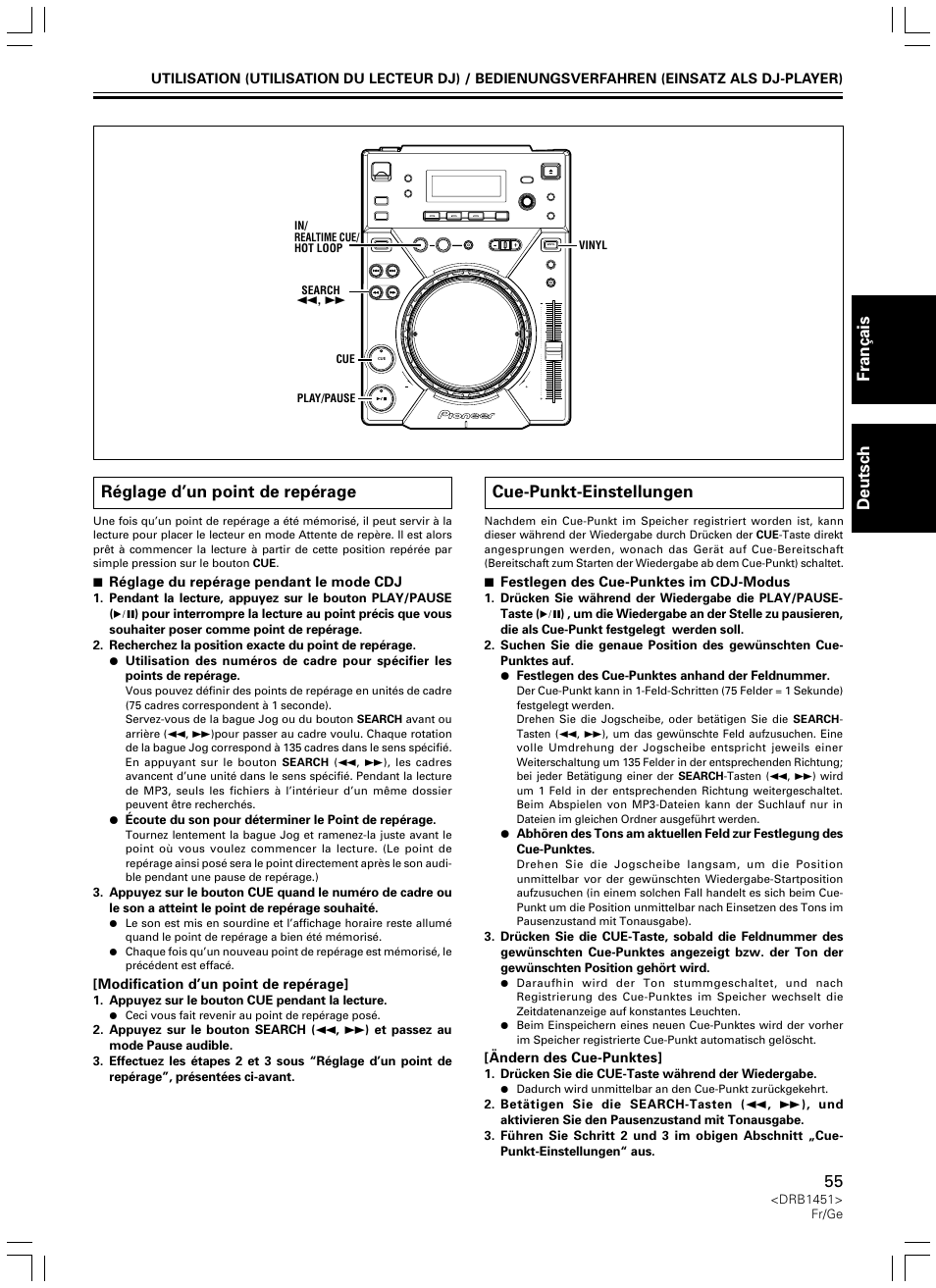 Réglage d’un point de repérage, Cue-punkt-einstellungen, Fran ç ais deutsch | Pioneer CDJ-400 User Manual | Page 55 / 162