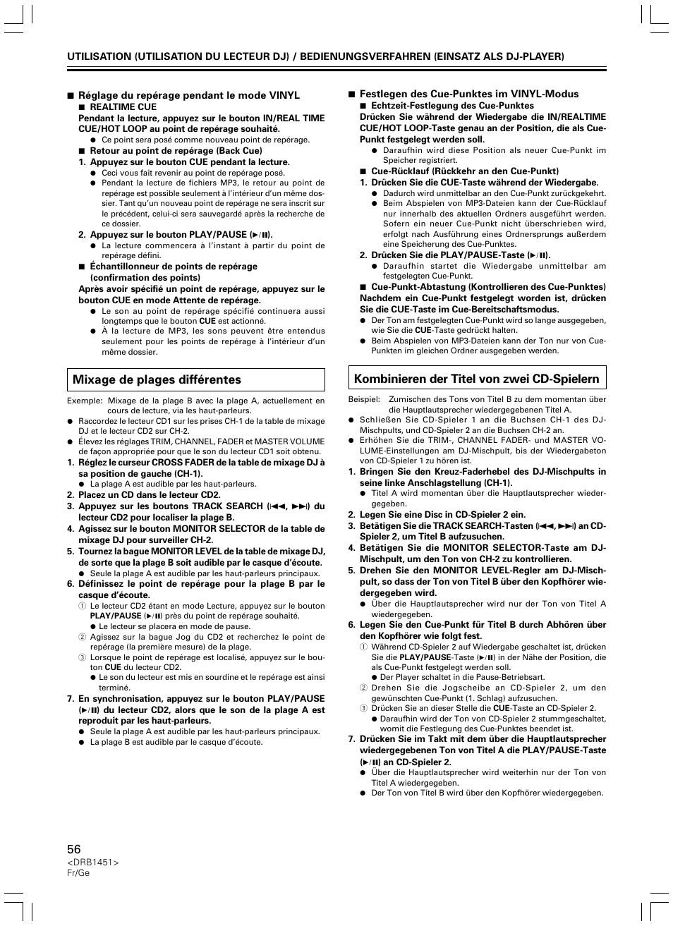 Mixage de plages différentes, Kombinieren der titel von zwei cd-spielern | Pioneer CDJ-400 User Manual | Page 56 / 162