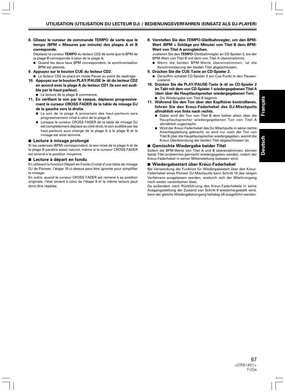 Fran ç ais deutsch | Pioneer CDJ-400 User Manual | Page 57 / 162
