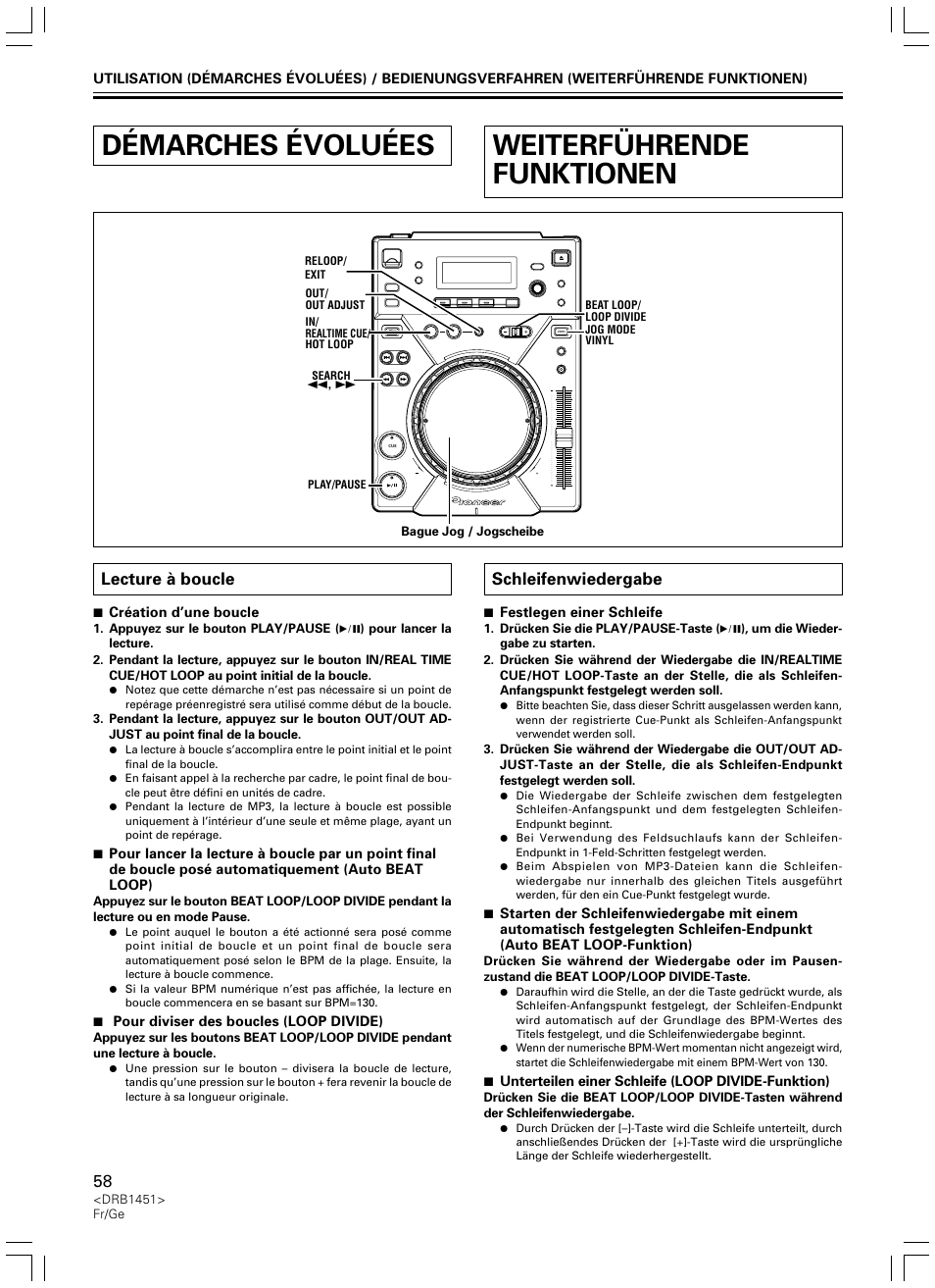 Démarches évoluées, Lecture à boucle, Weiterführende funktionen | Schleifenwiedergabe, Démarches évoluées weiterführende funktionen | Pioneer CDJ-400 User Manual | Page 58 / 162