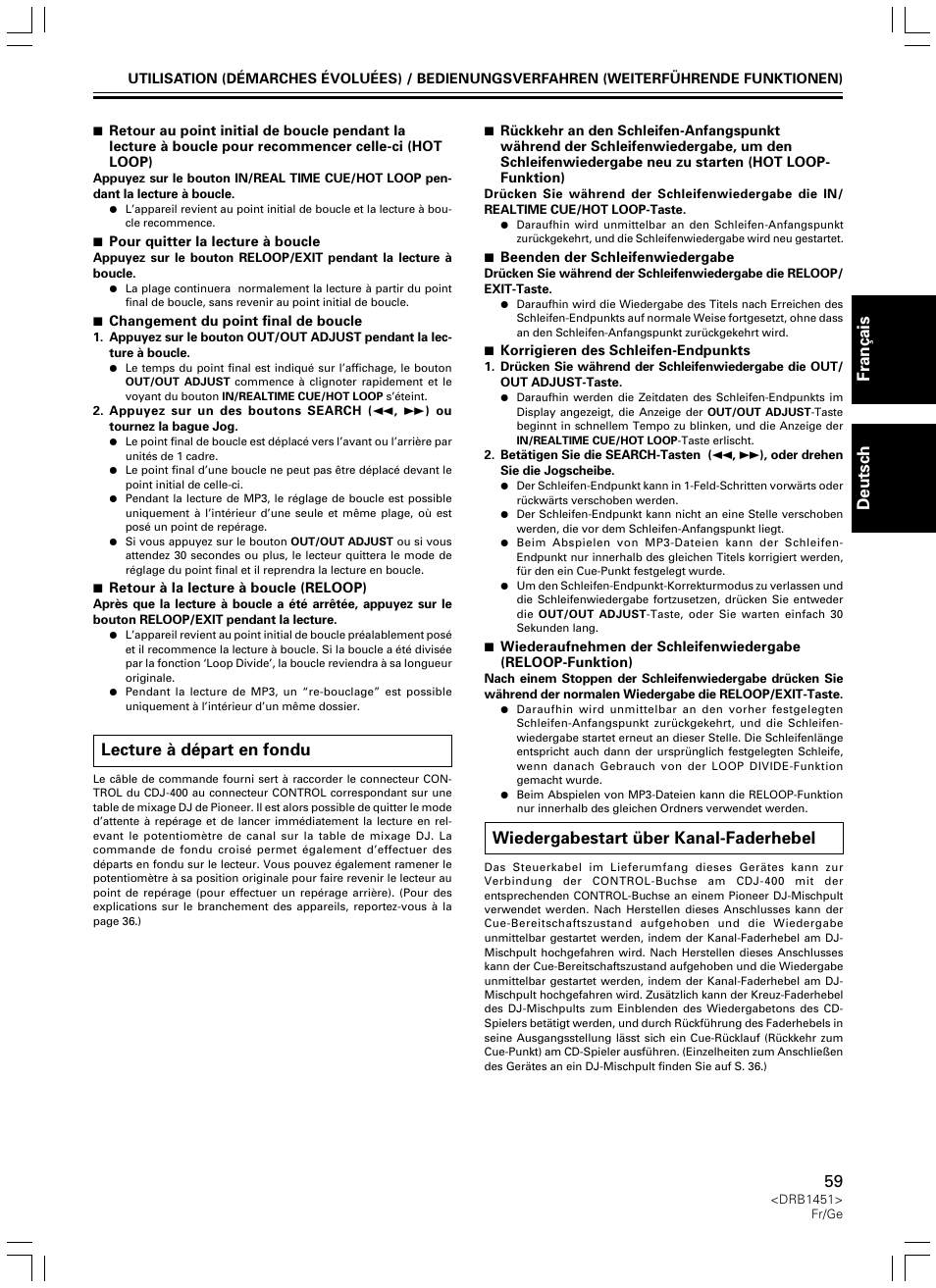Lecture à départ en fondu, Wiedergabestart über kanal-faderhebel, Fran ç ais deutsch | Pioneer CDJ-400 User Manual | Page 59 / 162