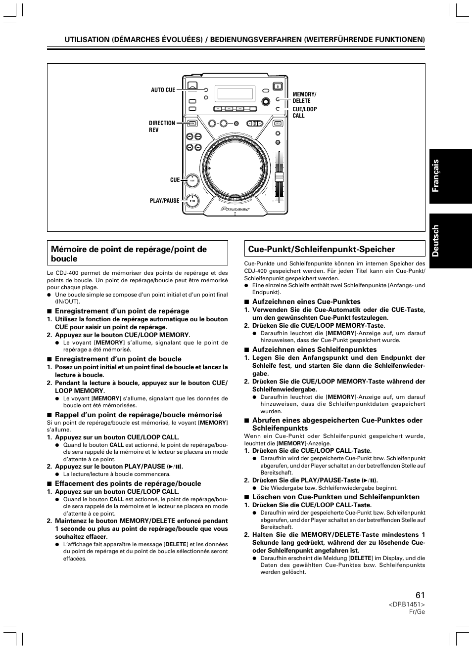 Mémoire de point de repérage/point de boucle, Cue-punkt/schleifenpunkt-speicher, Fran ç ais deutsch | Pioneer CDJ-400 User Manual | Page 61 / 162