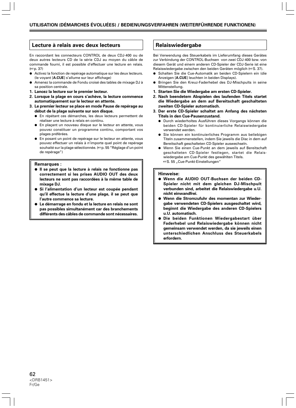Lecture à relais avec deux lecteurs, Relaiswiedergabe | Pioneer CDJ-400 User Manual | Page 62 / 162