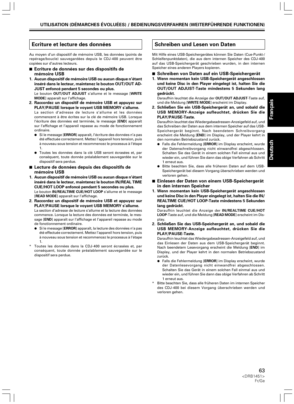 Ecriture et lecture des données, Schreiben und lesen von daten, Fran ç ais deutsch ecriture et lecture des données | Pioneer CDJ-400 User Manual | Page 63 / 162