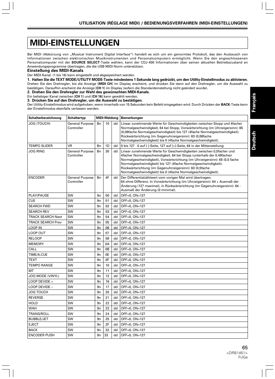 Midi-einstellungen, Fran ç ais deutsch | Pioneer CDJ-400 User Manual | Page 65 / 162
