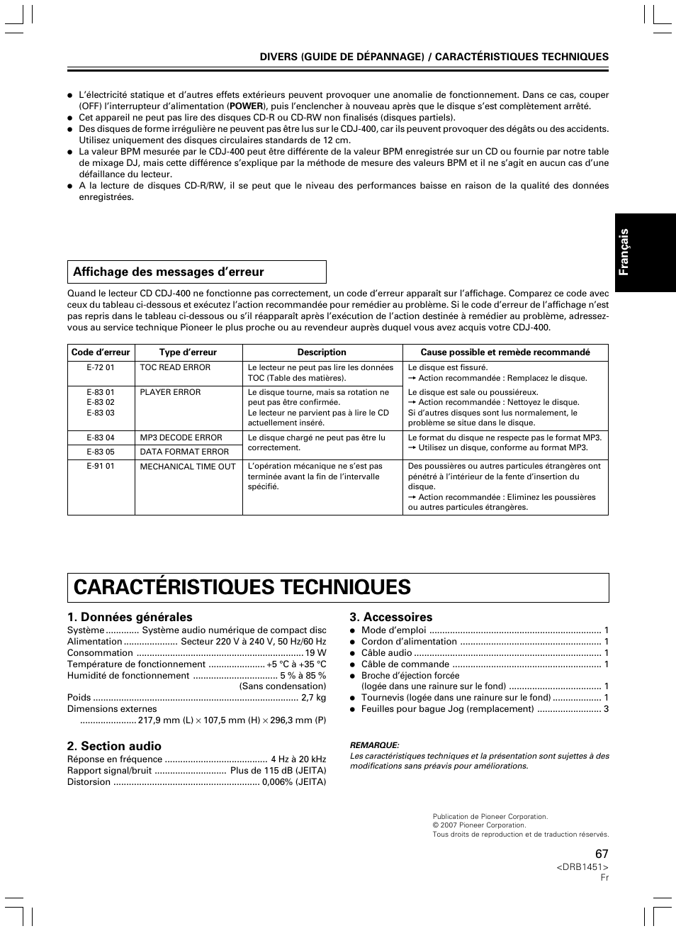 Affichage des messages d’erreur, Caractéristiques techniques, Fran ç ais deutsch | Données générales, Accessoires | Pioneer CDJ-400 User Manual | Page 67 / 162