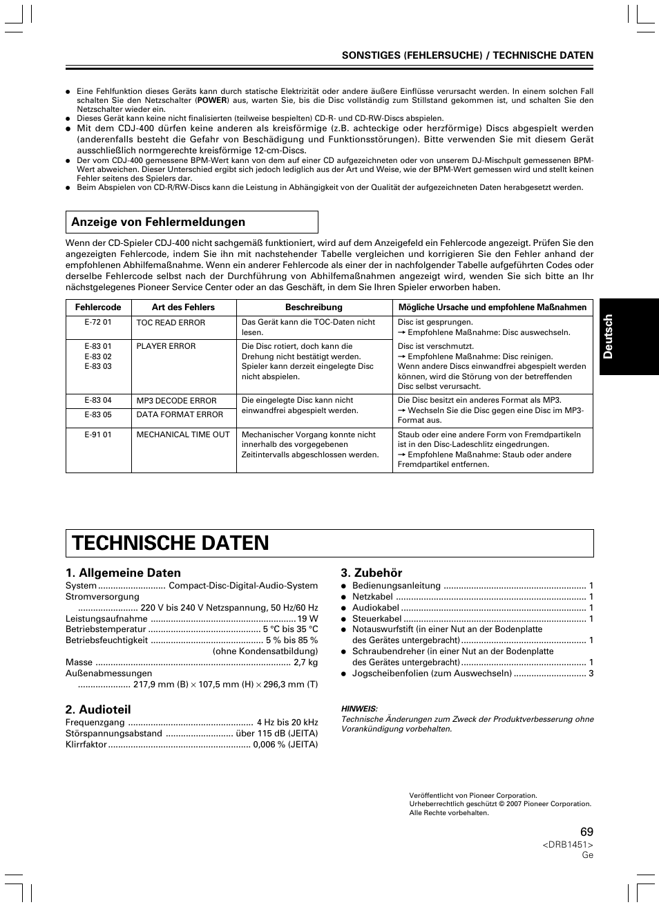 Anzeige von fehlermeldungen, Technische daten, Fran ç ais deutsch | Allgemeine daten, Audioteil, Zubehör | Pioneer CDJ-400 User Manual | Page 69 / 162