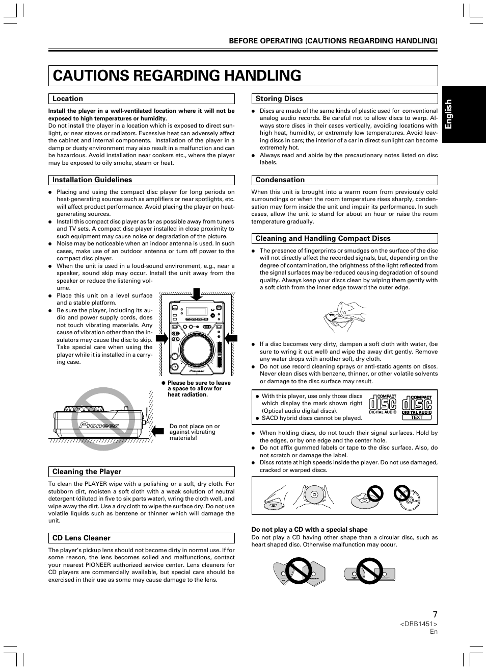 Cautions regarding handling, English | Pioneer CDJ-400 User Manual | Page 7 / 162