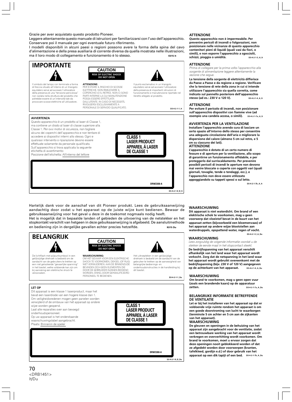Importante, Belangrijk, Class 1 laser product appareil á laser de classe 1 | Drb1451> it/du, Caution | Pioneer CDJ-400 User Manual | Page 70 / 162