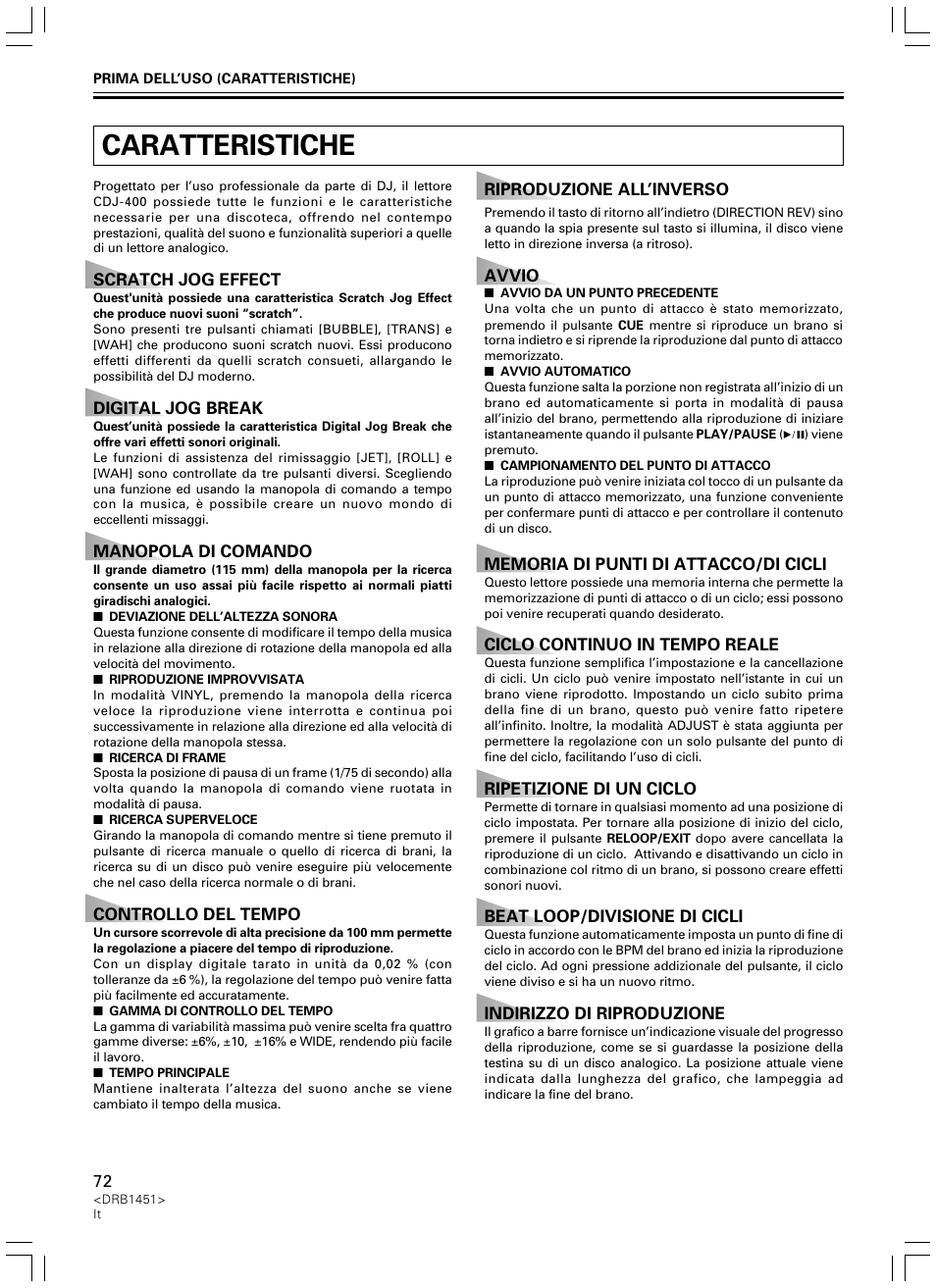 Caratteristiche | Pioneer CDJ-400 User Manual | Page 72 / 162