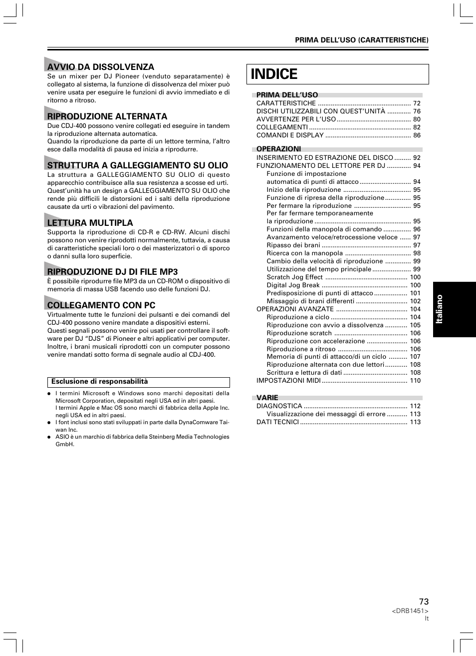 Istruzioni per l’uso, Indice | Pioneer CDJ-400 User Manual | Page 73 / 162