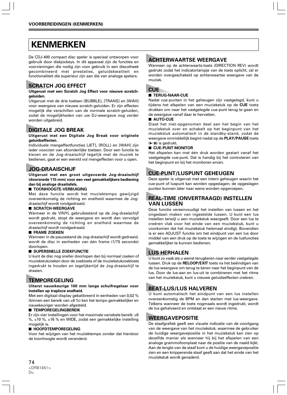 Kenmerken | Pioneer CDJ-400 User Manual | Page 74 / 162