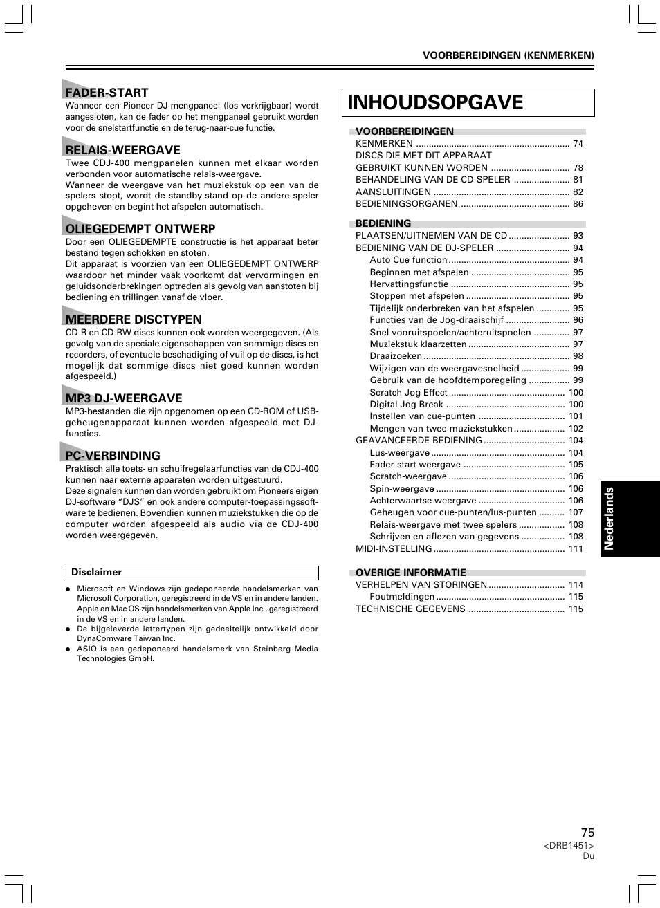 Handleiding, Inhoudsopgave | Pioneer CDJ-400 User Manual | Page 75 / 162