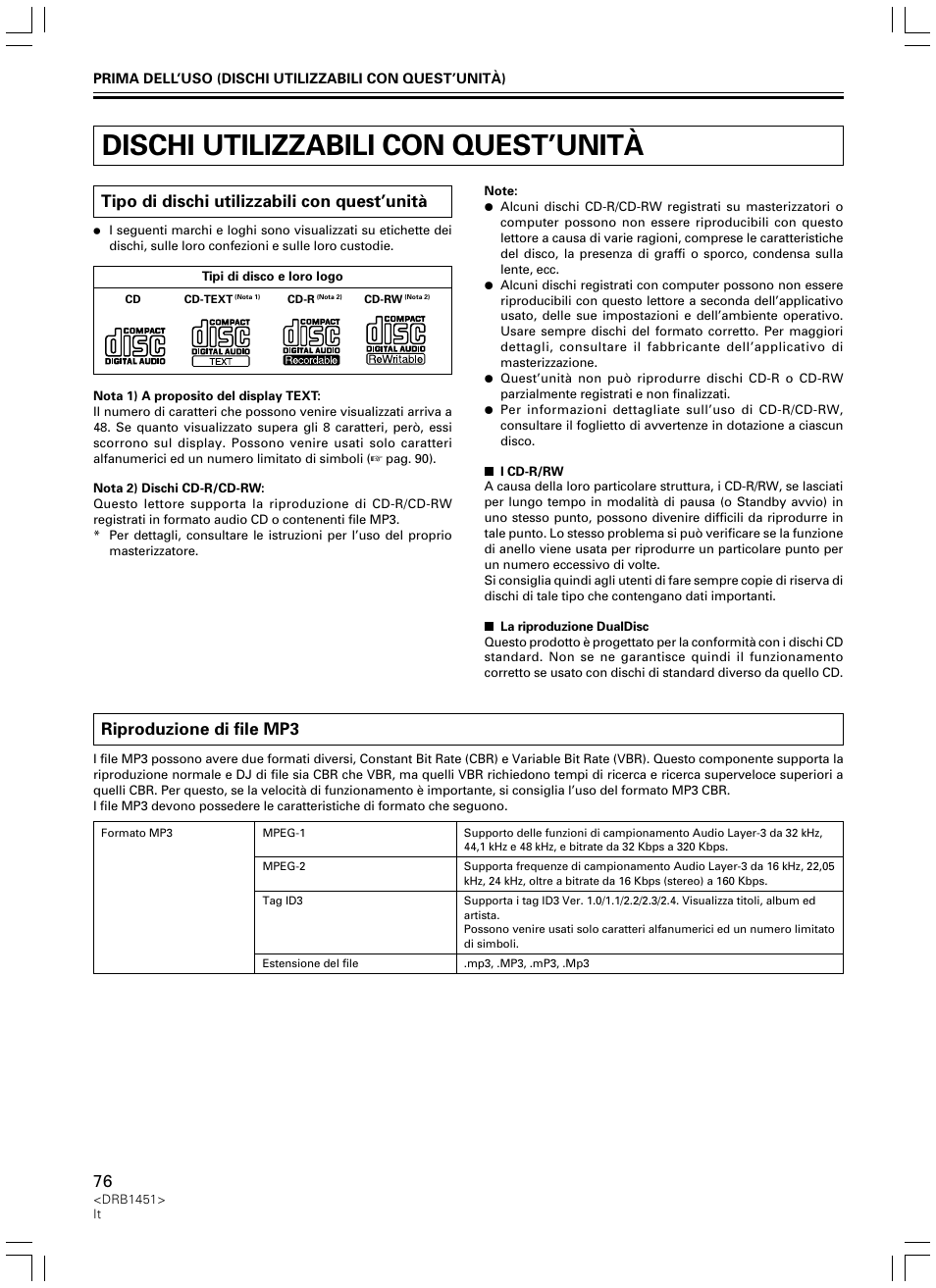 Dischi utilizzabili con quest’unità, Tipo di dischi utilizzabili con quest’unità, Riproduzione di file mp3 | Pioneer CDJ-400 User Manual | Page 76 / 162