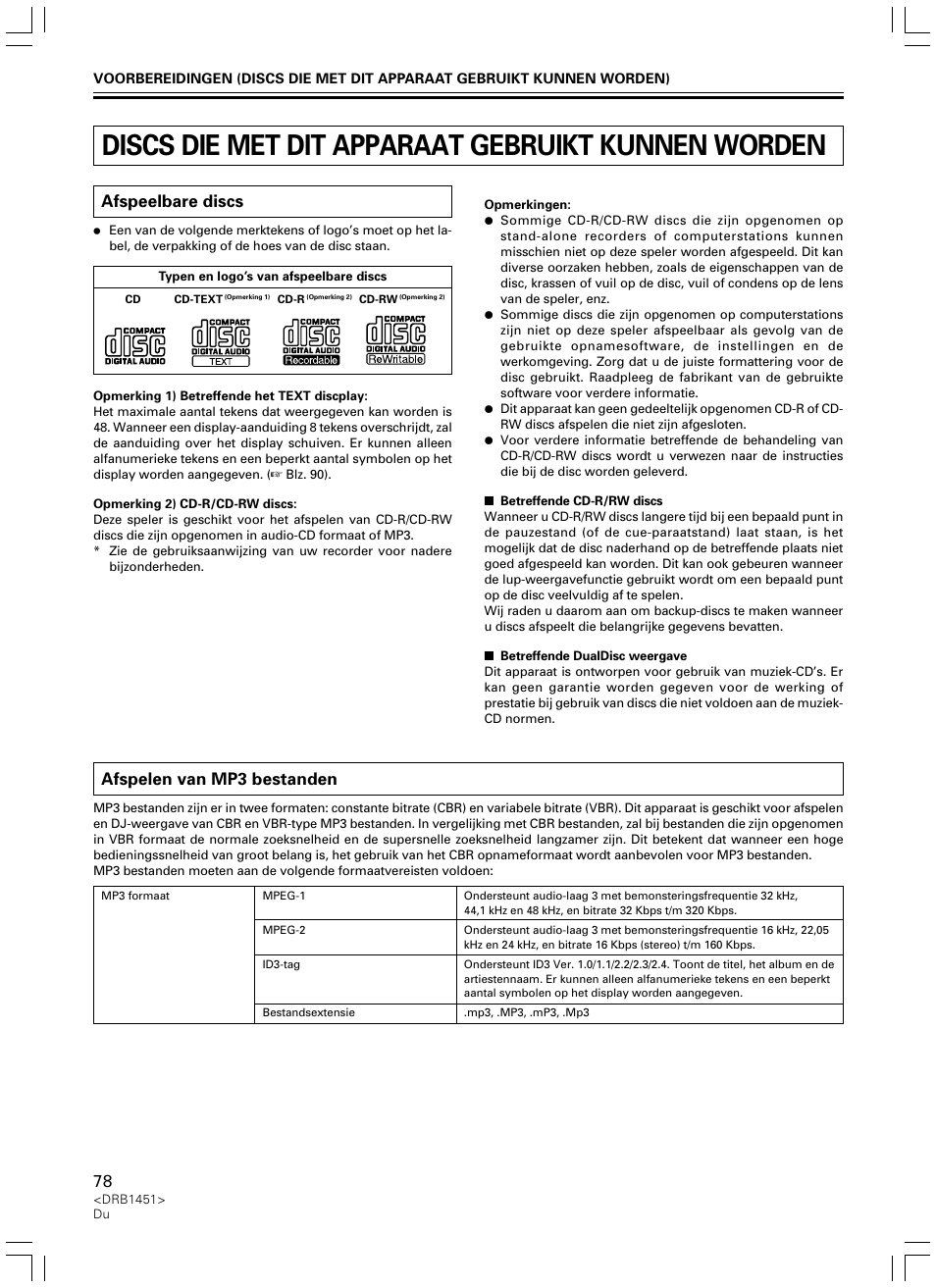 Discs die met dit apparaat gebruikt kunnen worden, Afspeelbare discs, Afspelen van mp3 bestanden | Pioneer CDJ-400 User Manual | Page 78 / 162