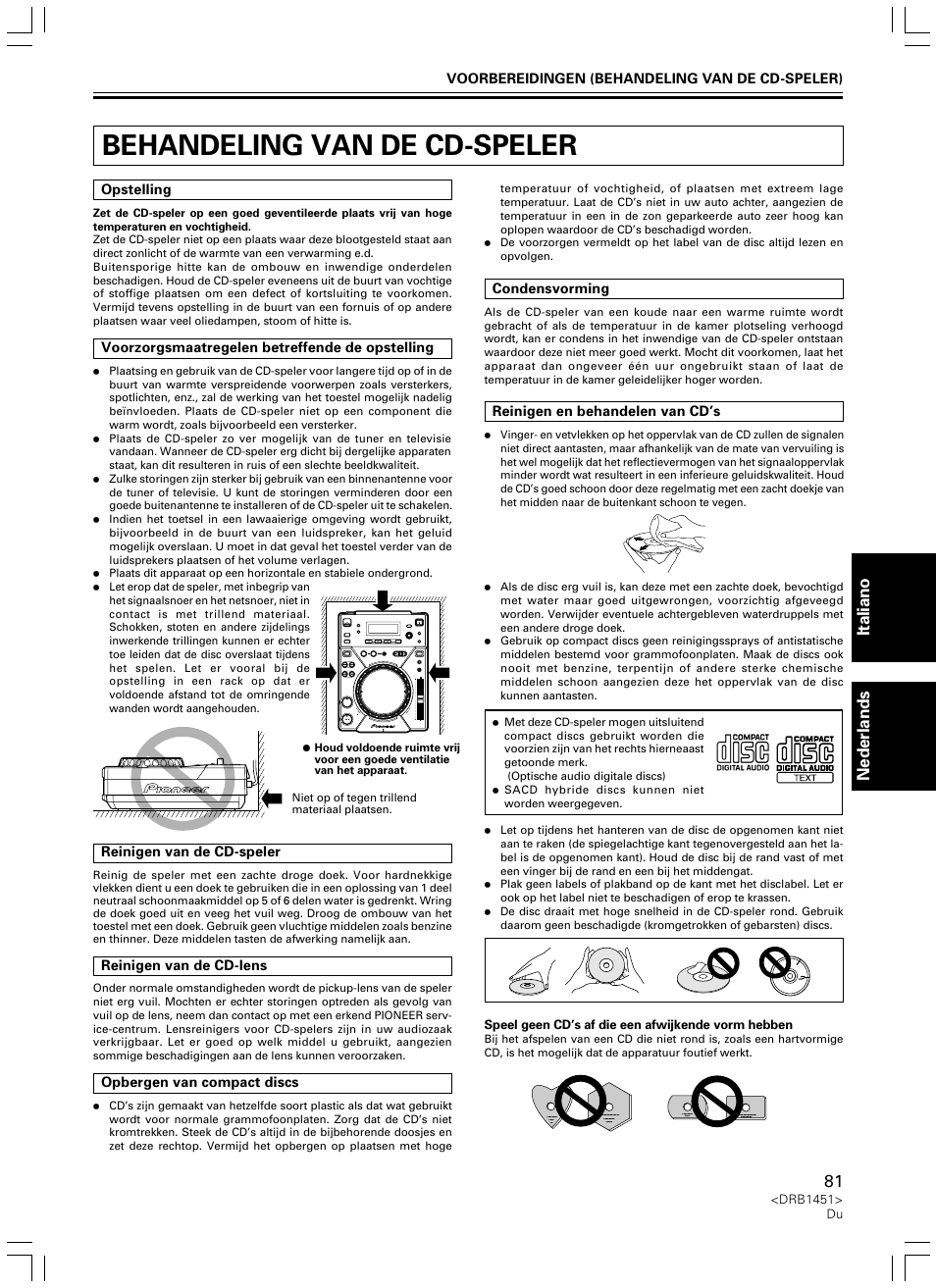 Behandeling van de cd-speler, Italiano nederlands | Pioneer CDJ-400 User Manual | Page 81 / 162