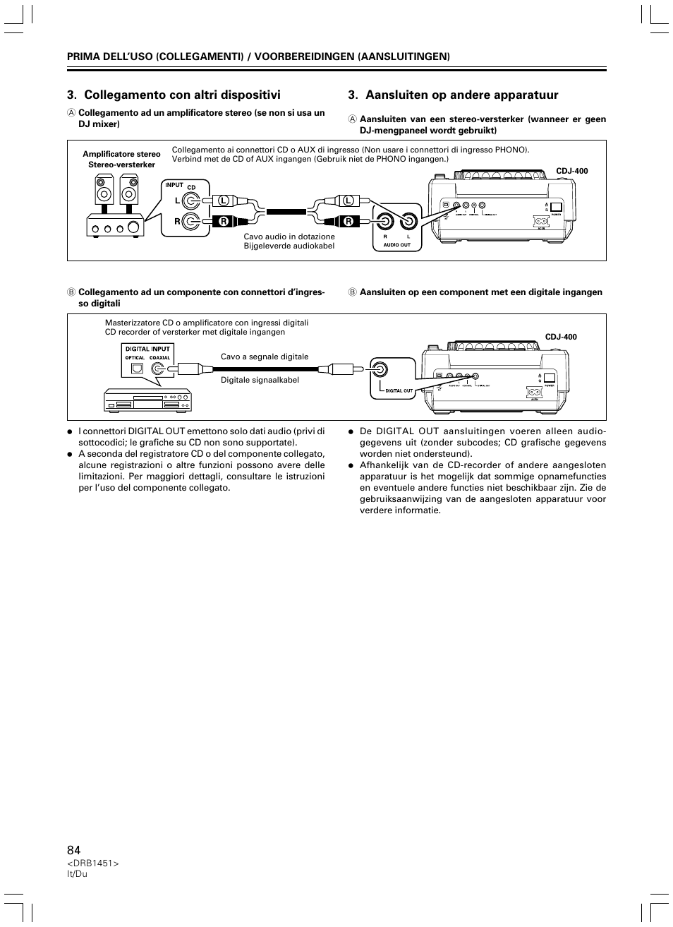 Collegamento con altri dispositivi, Aansluiten op andere apparatuur | Pioneer CDJ-400 User Manual | Page 84 / 162